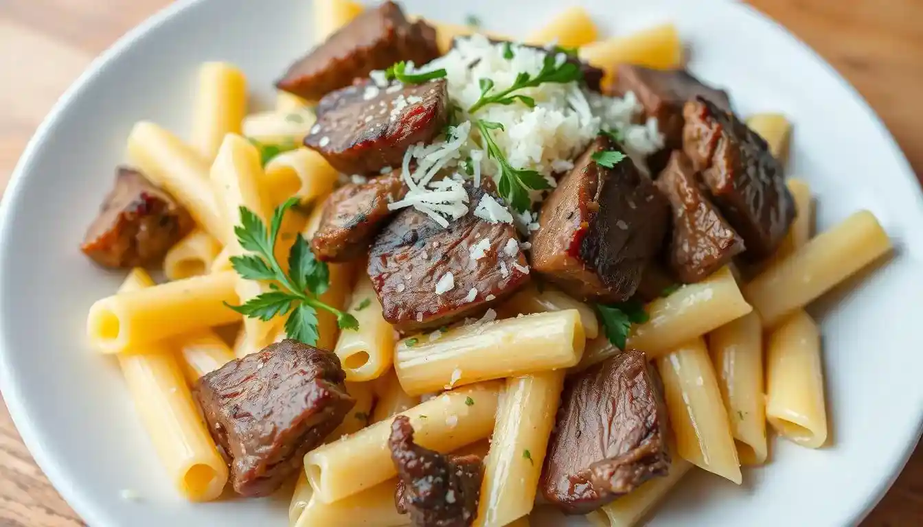 Easy Creamy Garlic Parmesan Steak Pasta Recipe