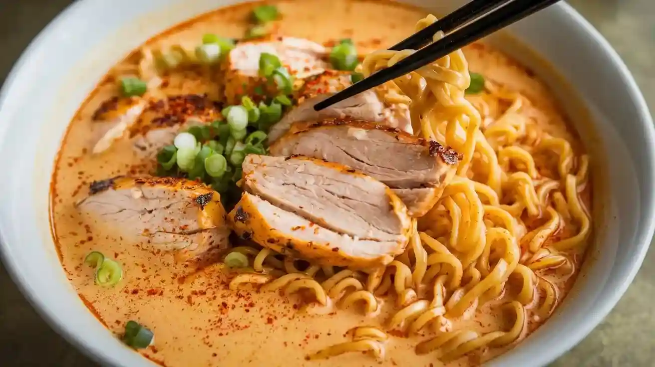 Fiery Chicken Ramen with Creamy Garlic Sauce