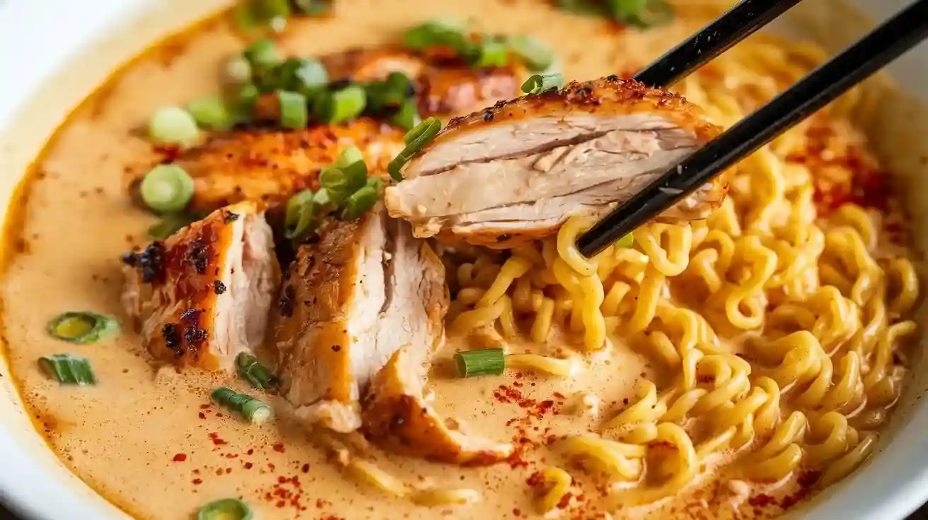 Fiery Chicken Ramen with Creamy Garlic Sauce